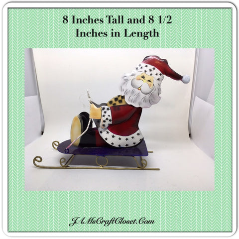 Vintage Metal Santa Sitting on Purplish Blue Sled Holiday Christmas Decor Gift Idea {{ JAMsCraftCloset }}