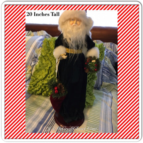 Vintage Table Top Santa in White and Green Holding a Wreath and Bag of Pine Cones and Berries {{ JAMsCraftCloset }}