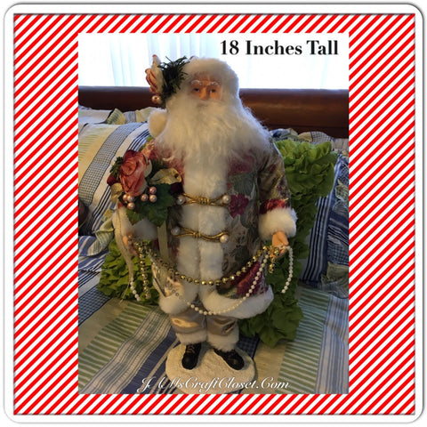 Vintage Table Top Santa in White Gold and Rose Floral Coat Holding a Rose Bouquet and Beads {{ JAMsCraftCloset }}