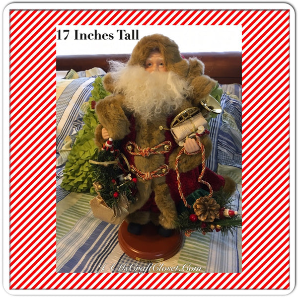 Vintage Table Top Santa in Red and Brown Fake Fur Coat Holding a Gold and Green Bay Full of Goodies {{ JAMsCraftCloset }}