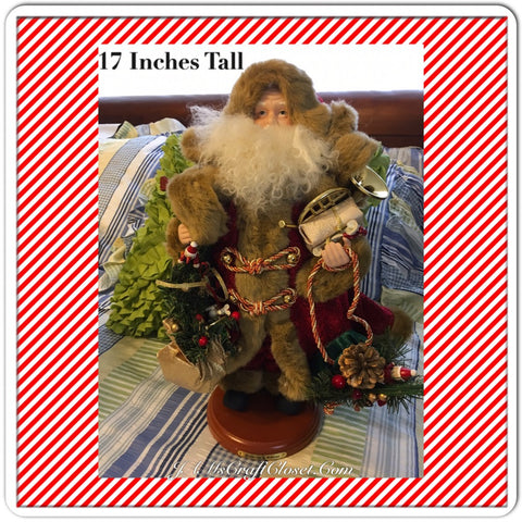Vintage Table Top Santa in Red and Brown Fake Fur Coat Holding a Gold and Green Bay Full of Goodies {{ JAMsCraftCloset }}