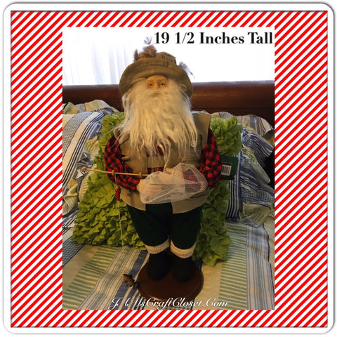 Vintage Fisherman Santa Standing With Fishing Pole Net and a Hat With Flies {{ JAMsCraftCloset }}