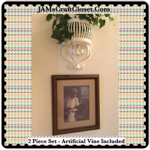 Ethnic Vintage Picture Grandfather Reading a Book to Grandson White Metal Wall Basket Vines Set of 2 {{ JAMsCraftCloset }}