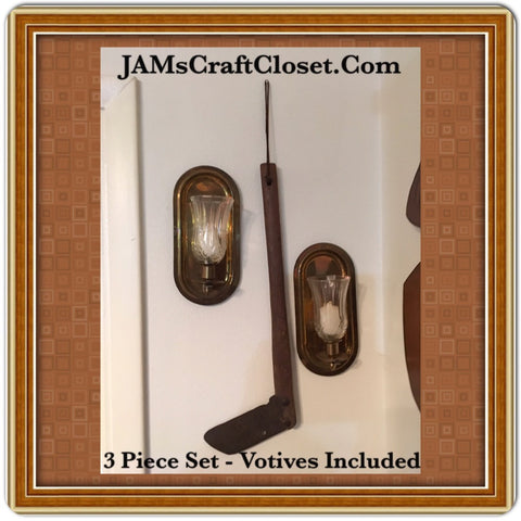 Vintage Wall Art Set of 3 Primitive Garden Yard Tool and 2 Brass Sconces {{ JAMsCraftCloset }}