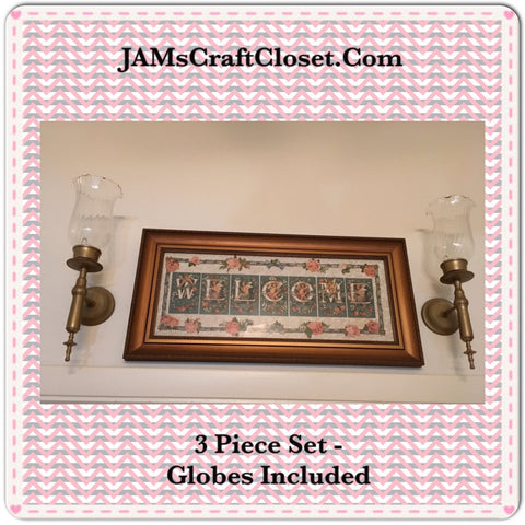 Vintage Welcome Wall Art Set of 3 WELCOME Print Picture and 2 Globed Sconces Home Decor {{ JAMsCraftCloset }}