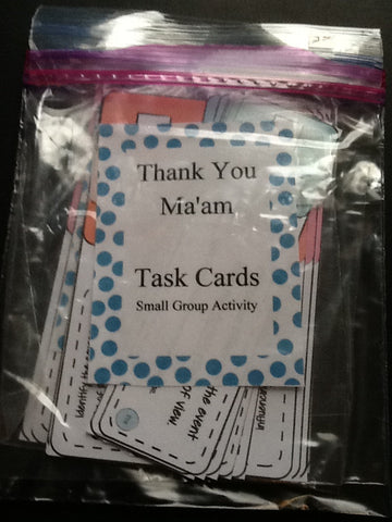 Thank You Ma am 13 Task Cards Small Group or Learning Center Activity Teacher Resource  These 13 Task cards cover Cause and Effect, Sequencing, Compare and Contrast, Part to Whole, and Describing. JAMsCraftCloset