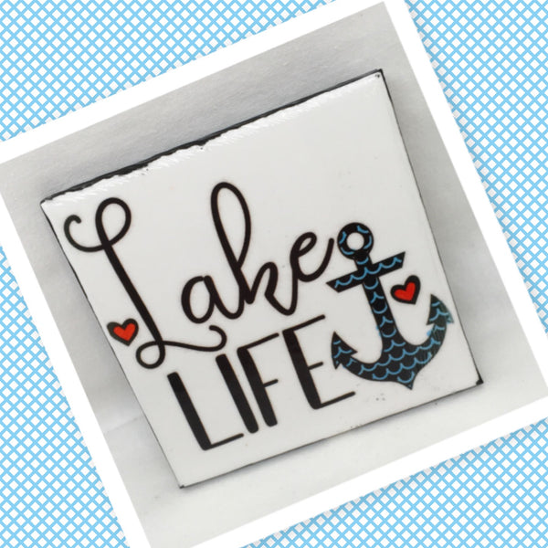 LAKE LIFE Wall Art Ceramic Tile Sign Gift Home Lake House Decor Positive Quote {{ JAMsCraftCloset }}
