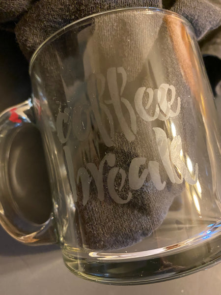 Mug Hand Etched COFFEE BREAK MY HUG IN A MUG Kitchen Decor Drinkware Barware Gift Idea Handmade {{ JAMsCraftCloset }}