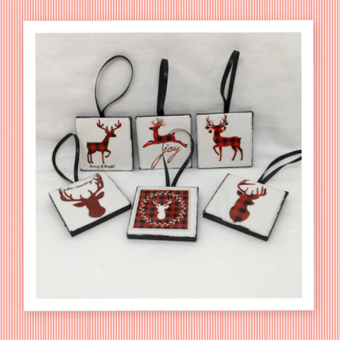 Ornaments Buffalo Plaid REINDEER Ceramic Tile 2 by 2 Inches Set of 6 Christmas Tree Decor Gift Idea {{ JAMsCraftCloset }}