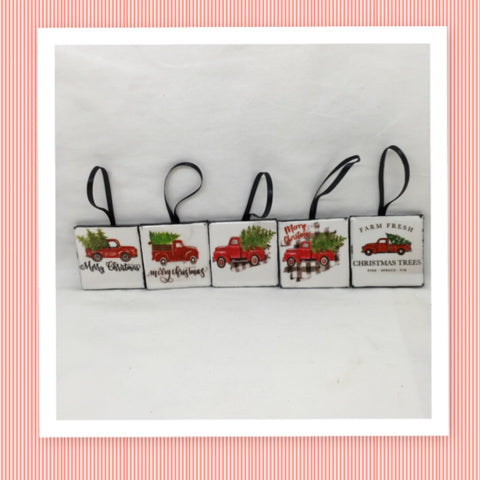 Ornaments RED TRUCK Ceramic Tile 2 by 2 Inches Set of 5 Christmas Tree Decor Gift Idea {{ JAMsCraftCloset }}