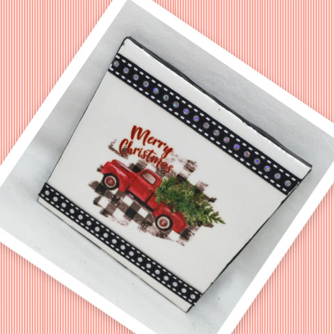 MERRY CHRISTMAS TRUCK TREE BUFFALO PLAID Wall Art Ceramic Tile Gift Holiday {{ JAMsCraftCloset }}
