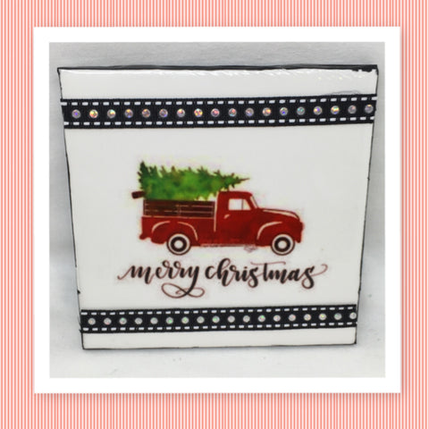 MERRRY CHRISTMAS TRUCK AND TREE Wall Art Ceramic Tile Sign Gift Holiday Home Decor 4 x 4 {{ JAMsCraftCloset }}