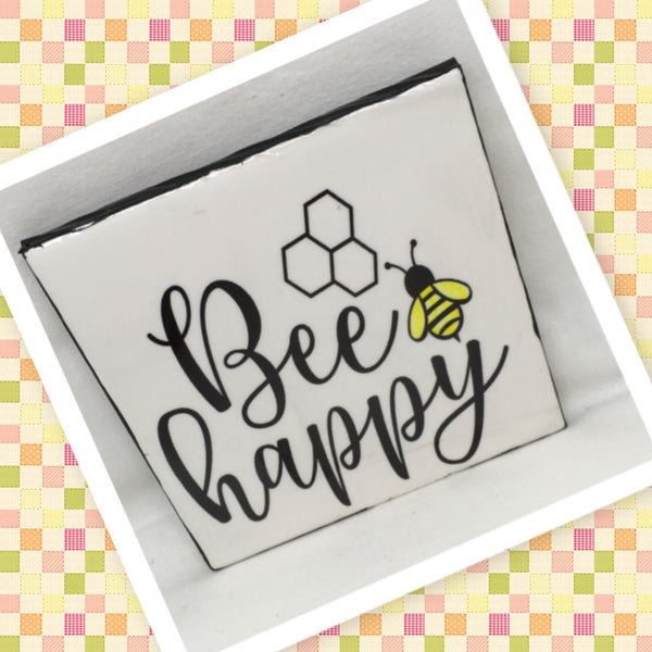 BEE HAPPY Wall Art Ceramic Tile Sign Gift Idea Home Decor {{ JAMsCraftCloset }}