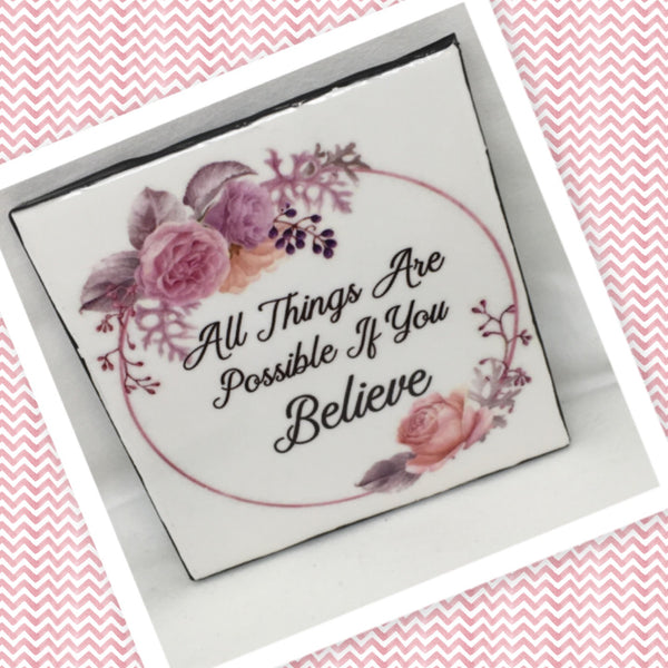 ALL THINGS ARE POSSIBLE Green Wreath Wall Art Ceramic Tile Gift Home Decor Positive Quote Affirmation {{ JAMsCraftCloset }}