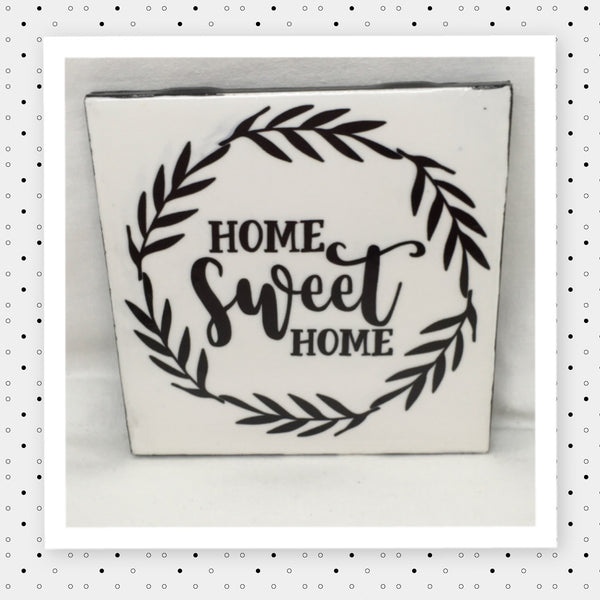 HOME SWEET HOME Black and White Wreath Wall Art Ceramic Tile Sign Gift Idea Home Decor Positive Saying {{ JAMsCraftCloset }}