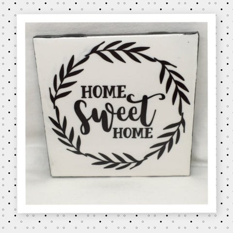 HOME SWEET HOME Black and White Wreath Wall Art Ceramic Tile Sign Gift Idea Home Decor Positive Saying {{ JAMsCraftCloset }}