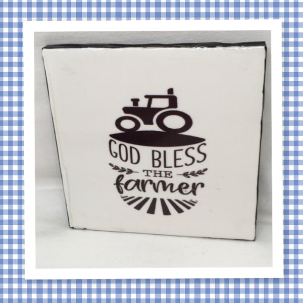 GOD BLESS THE FARMER Wall Art Ceramic Tile Gift Home Decor Positive Quote Affirmation {{ JAMsCraftCloset }}
