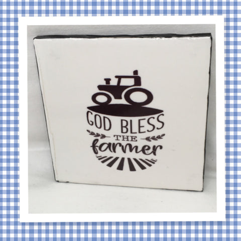 GOD BLESS THE FARMER Wall Art Ceramic Tile Gift Home Decor Positive Quote Affirmation {{ JAMsCraftCloset }}