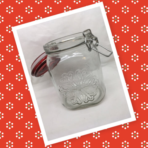 Canning Glass Jar Red Flip Top Clasp Embossed Snowflakes Vintage 6 Inches Tall 4 Inch in Diameter Gift Idea Collectible