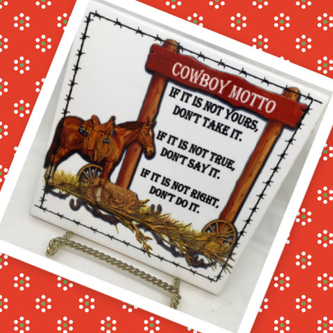 COWBOY MOTTO Wall Art Ceramic Tile Sign Gift Home Decor Positive Saying {{ JAMsCraftCloset }}