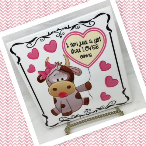 I AM JUST A GIRL THAT LOVES COWS Ceramic Farm Tile Sign Wall Art Gift Idea Home Decor {{ JAMsCraftCloset }}