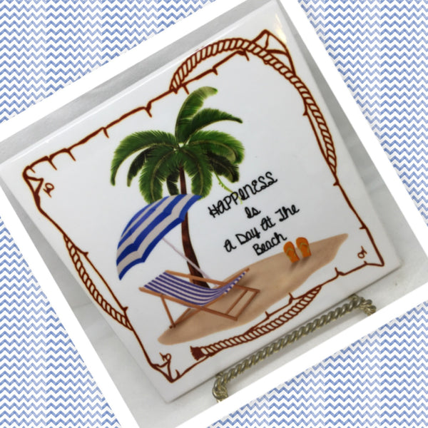 HAPPINESS IS A DAY AT THE BEACH Ceramic Tile Sign Wall Art Gift Idea Ocean Lover Home Decor {{ JAMsCraftCloset }}