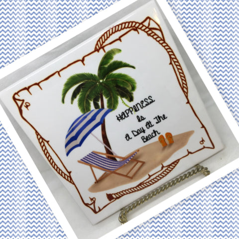 HAPPINESS IS A DAY AT THE BEACH Ceramic Tile Sign Wall Art Gift Idea Ocean Lover Home Decor {{ JAMsCraftCloset }}
