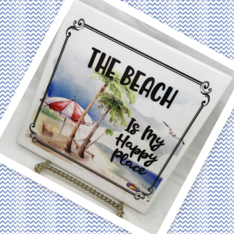 THE BEACH IS MY HAPPY PLACE Ceramic Tile Sign Wall Art Gift Idea Ocean Lover Home Decor {{ JAMsCraftCloset }}