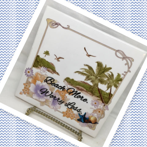BEACH MORE WORRY LESS Ceramic Tile Sign Wall Art Gift Idea Ocean Lover Home Decor {{ JAMsCraftCloset }}