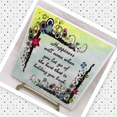HAPPINESS WILL COME Wall Art Ceramic Tile Sign LOVE Gift Home Decor Positive Saying {{ JAMsCraftCloset }}
