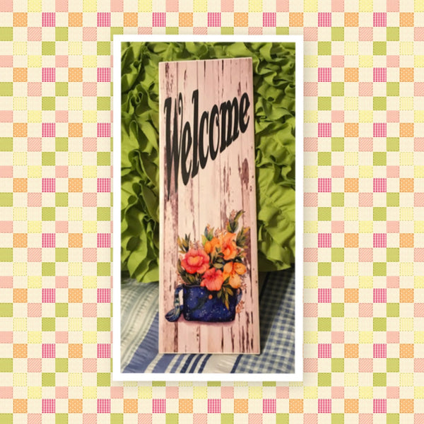 WELCOME FLOWERS Ceramic Tile Sign Wall Art Gift Idea Home Decor Positive Saying Quote Repurposed Upcycled {{ JAMsCraftCloset }}