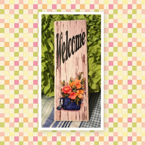 WELCOME FLOWERS Ceramic Tile Sign Wall Art Gift Idea Home Decor Positive Saying Quote Repurposed Upcycled {{ JAMsCraftCloset }}