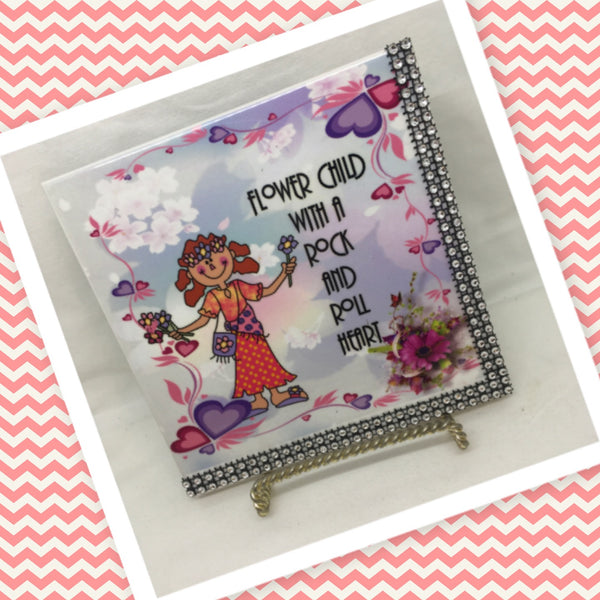 FLOWER CHILD WITH ROCK AND ROLL HEART Wall Art Ceramic Tile Sign Gift Home Decor Positive Saying Affirmation {{ JAMsCraftCloset }}