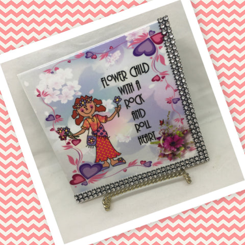 FLOWER CHILD WITH ROCK AND ROLL HEART Wall Art Ceramic Tile Sign Gift Home Decor Positive Saying Affirmation {{ JAMsCraftCloset }}