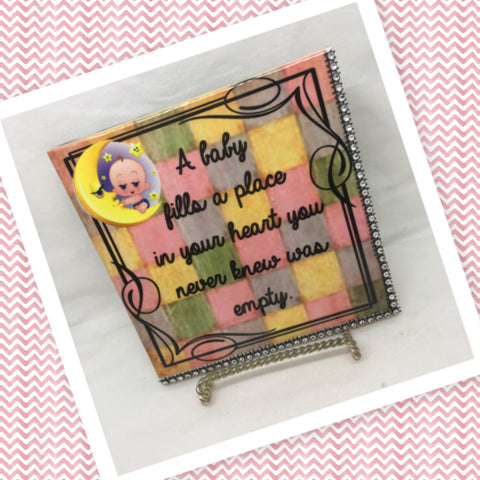 A BABY FILLS A PLACE IN YOUR HEART Wall Art Ceramic Tile Sign Gift Nursery Decor Positive Saying {{ JAMsCraftCloset }}