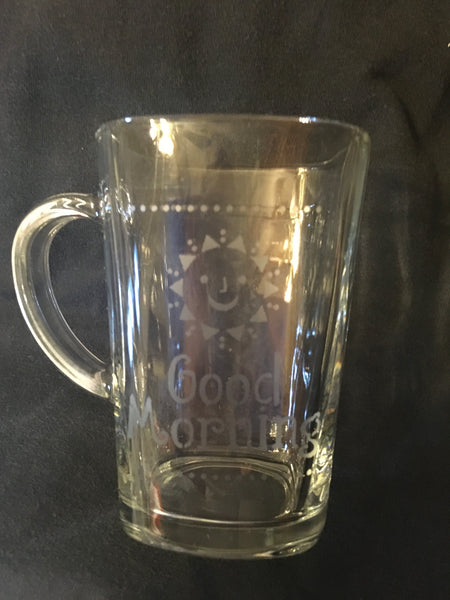 Mug Hand Etched COFFEE BREAK or GOOD MORNING With Red Heart on Handle {{ JAMsCraftCloset }}