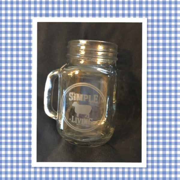 Mugs Mason Jar Hand Etched SIMPLE LIVING With Heart on Handle {{ JAMsCraftCloset }}