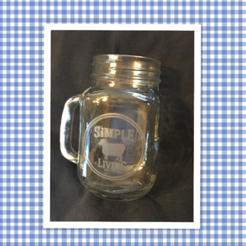 Mugs Mason Jar Hand Etched SIMPLE LIVING With Heart on Handle {{ JAMsCraftCloset }}