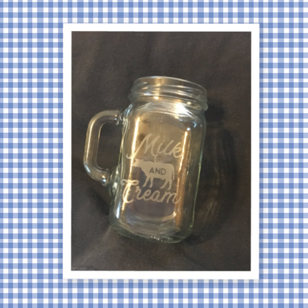Mugs Mason Jar Hand Etched MILK AND CREAM With Heart on Handle {{ JAMsCraftCloset }}