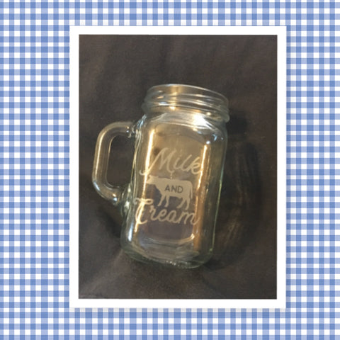 Mugs Mason Jar Hand Etched MILK AND CREAM With Heart on Handle {{ JAMsCraftCloset }}