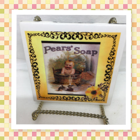 PEARs SOAP BATH Vintage Ad Wall Art Yellow Background Ceramic Tile Gift Idea Home Decor Bathroom Kitchen Decor {{ JAMsCraftCloset }}