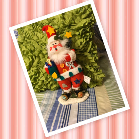 Vintage Santa Plush Fabric Shelf Sitter 11 Inches Tall With Holly on Hat and Button Patches {{ JAMsCraftCloset }}