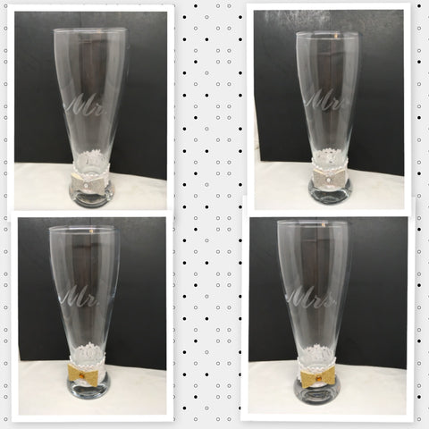 Hand Etched Beer Glass MR. and MRS. With Ribbon and Bow Wedding Accessory Bar Decor Gift Idea {{ JAMsCraftCloset }}