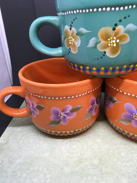 Mugs Cups Small Tea Unique Hand Painted Purple Orange Lime Green HAPPY –  JAMsCraftCloset