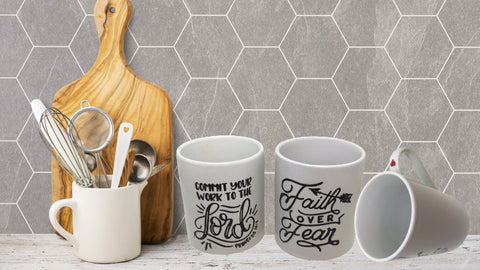 Mugs Coffee FAITH Hand Painted Stenciled SET OF 2 Faith Over Fear - Commit You Work To The Lord - Crafters Delight Kitchen Decor Gift Home Decor One of a Kind - JAMsCraftCloset