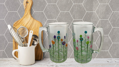 Mug Beer Glass Floral Hand Painted Clear Pink Auqa Green and Purple Orange Aqua Flowers {{ JAMsCraftCloset }}