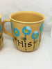 Mugs Coffee Hand Painted HIS HERS HAPPY DOT Floral Design Yellow Mug Aqua Flowers SET of 2 {{ JAMsCraftCloset }}