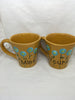 Mugs Coffee Hand Painted MINE YOURS HAPPY DOT Floral Design Yellow Mug Aqua Flowers SET of 2 {{ JAMsCraftCloset }}