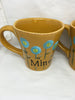 Mugs Coffee Hand Painted MINE YOURS HAPPY DOT Floral Design Yellow Mug Aqua Flowers SET of 2 {{ JAMsCraftCloset }}