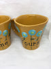 Mugs Coffee Hand Painted MINE YOURS HAPPY DOT Floral Design Yellow Mug Aqua Flowers SET of 2 {{ JAMsCraftCloset }}